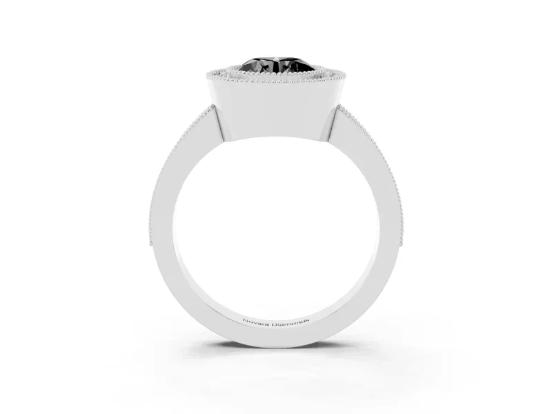 Fancy Black Round Cut Diamond Halo Engagement Ring Set in White gold with Pavé Band and Round Halo Stones