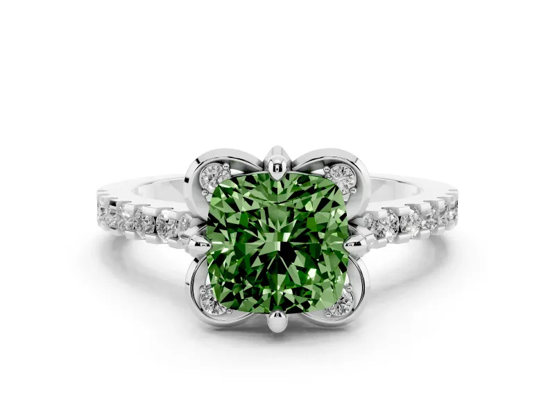 Fancy Green Cushion Cut Diamond Solitaire Ring Set in Platinum with Pavé Band and Floral Prong Setting