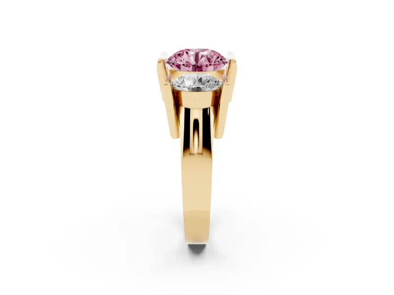 Fancy Pink Round Cut Diamond Three-Stone Channel Set Ring Set in Yellow gold with Smooth Polished Band