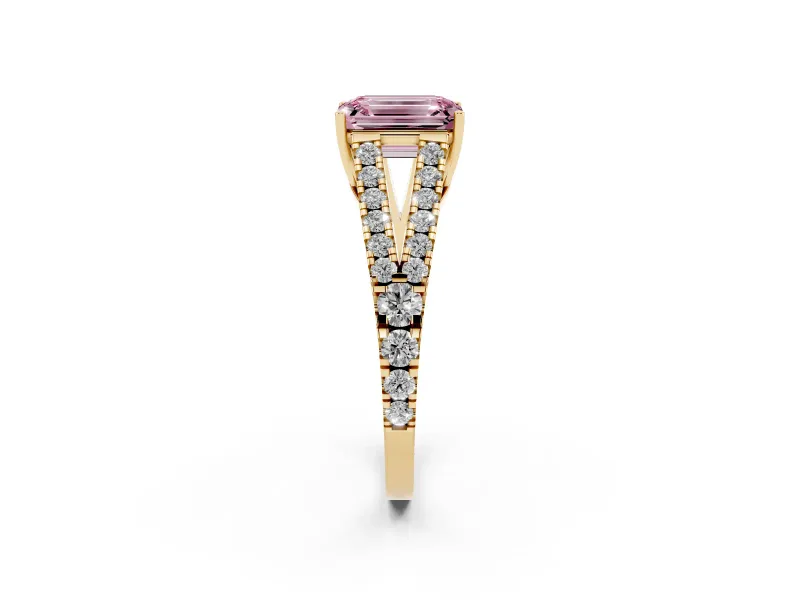 Emerald Cut Graduated Split Shank Engagement Ring Setting for a Fancy Pink Lab-Grown Diamond | Yellow Gold