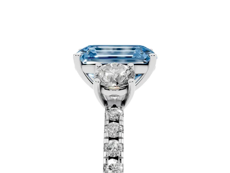 Emerald Cut Three Stone Engagement Ring Setting for a Fancy Blue Lab-Grown Diamond | Pave Shoulders | Platinum