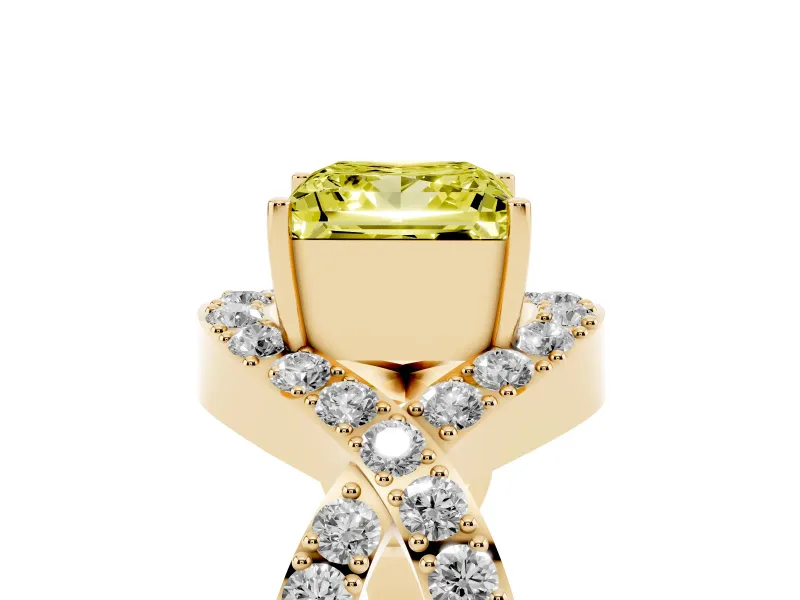 Fancy Yellow Princess Cut Diamond Solitaire Twist Band Pavé Engagement Ring Set in Yellow gold