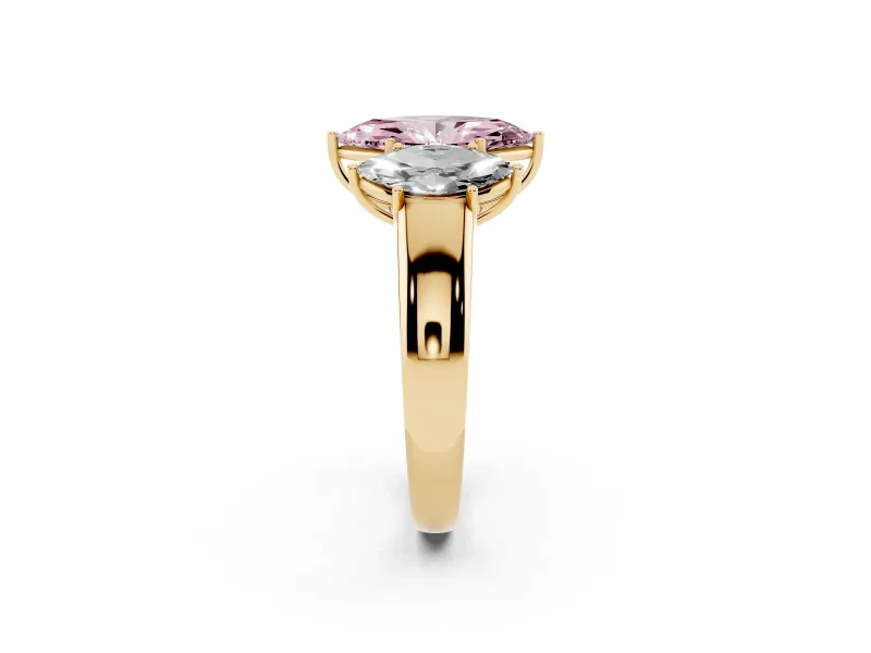 Fancy Pink Three-Stone Marquise Cut Diamond Ring Set in Yellow gold with Matching Prong Settings and Plain Band