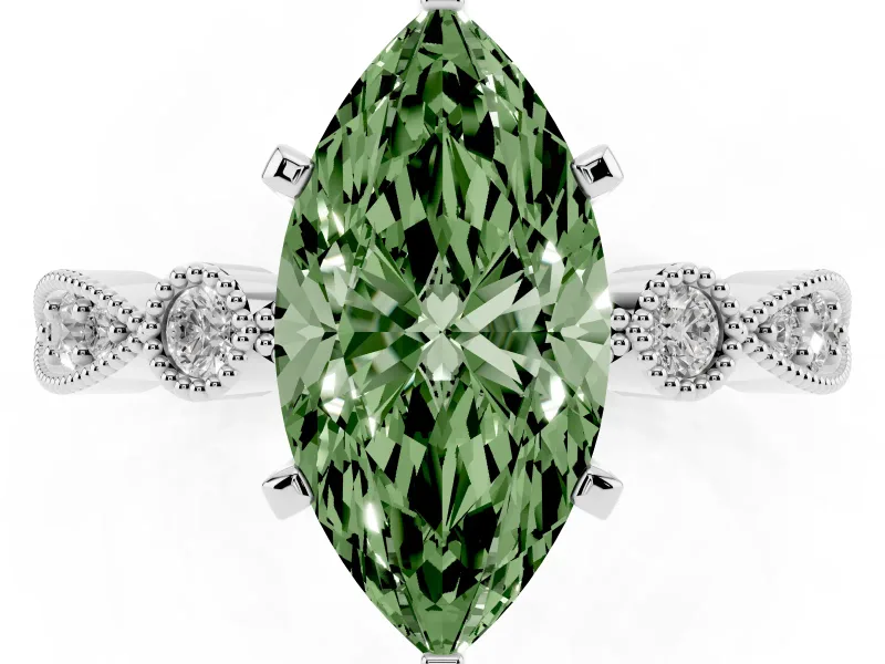 Fancy Green Marquise Cut Diamond Solitaire Engagement Ring Set in White gold with Milgrain Bezel Accent Band