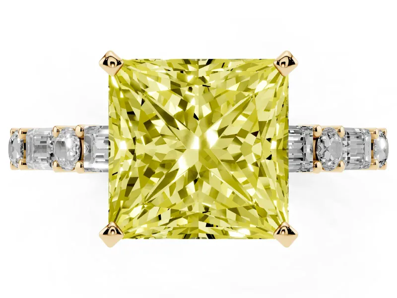 Fancy Yellow Princess Cut Diamond Solitaire Set in Yellow gold with Side Baguettes and Channel Set Band