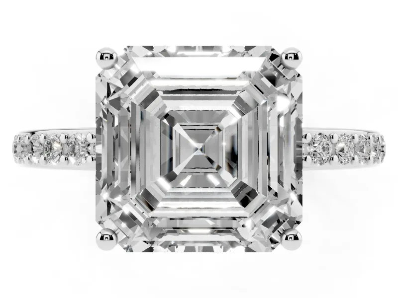 Asscher Cut Diamond Pavé Band Ring Set in Silver with Prong-Set Center Stone