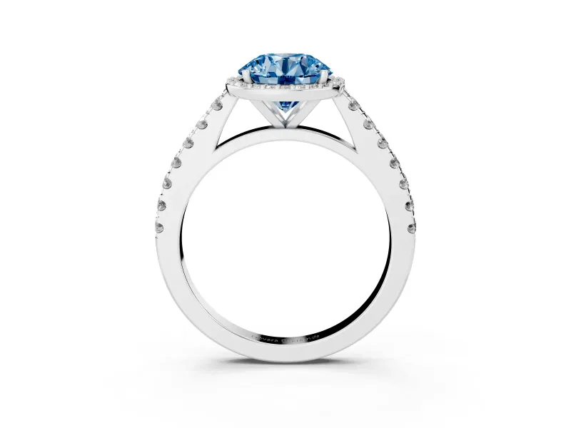 Fancy Blue Round Cut Diamond Halo Engagement Ring Set in Platinum with Pavé Band and Prong Setting