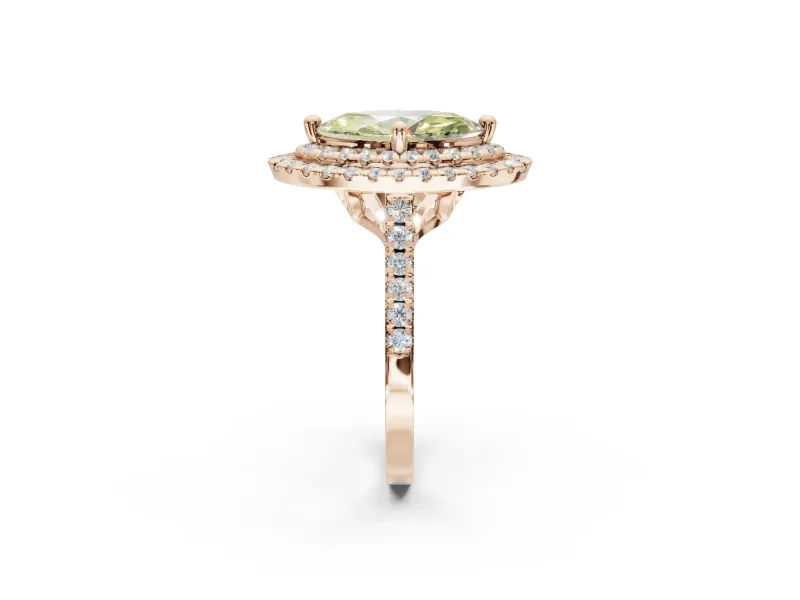 Canary Yellow Marquise Lab-Grown Diamond Double Halo Statement Ring Set in Rose Gold with Pavé Band