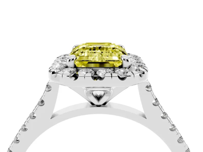 Emerald Cut Halo Engagement Ring Setting for a Fancy Yellow Lab-Grown Diamond | Tapered Band | Platinum
