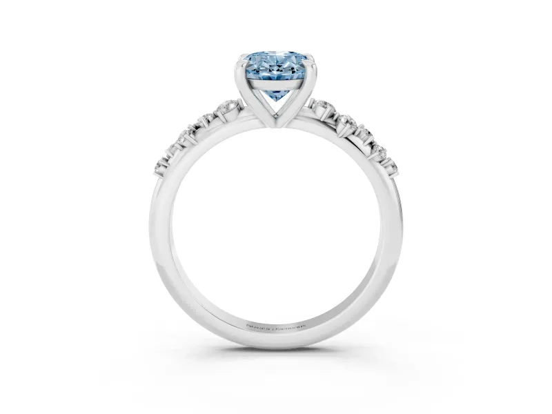 Fancy Blue Oval Cut Diamond Solitaire Vine Band Ring Set in Silver with Round Accents and Prong Setting