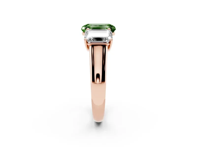 Emerald Cut Three Stone Engagement Ring Setting for a Fancy Green Lab-Grown Diamond | Basket Prong Heads | Rose Gold