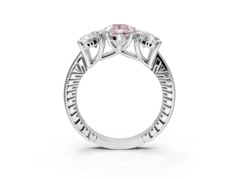 Pear-Shaped Vintage Three Stone Engagement Ring Setting for a Fancy Pink Lab-Grown Diamond | Sterling Silver
