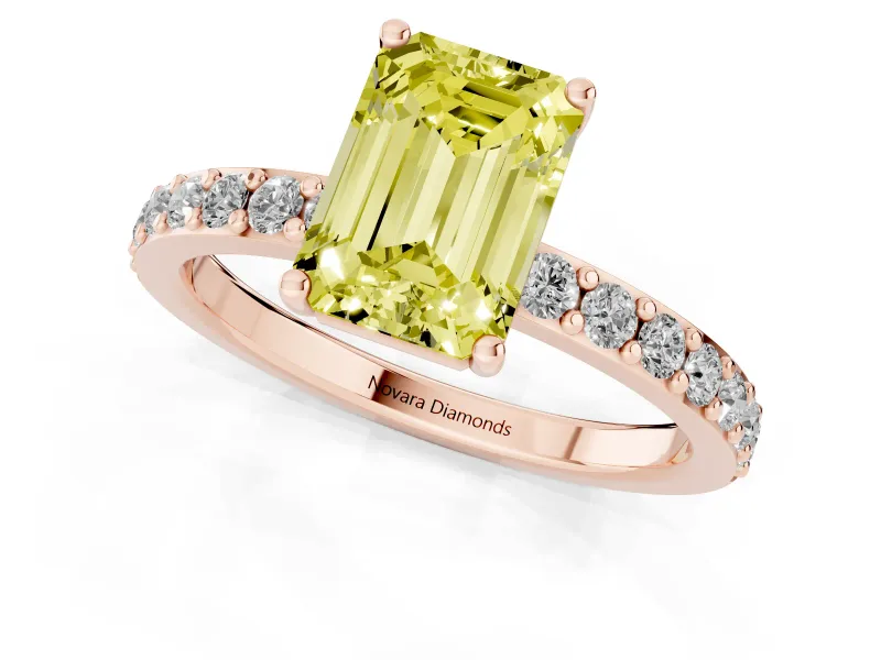 Fancy Yellow Emerald Cut Diamond Solitaire Set in Rose gold with Round Pavé Band and Prong Setting