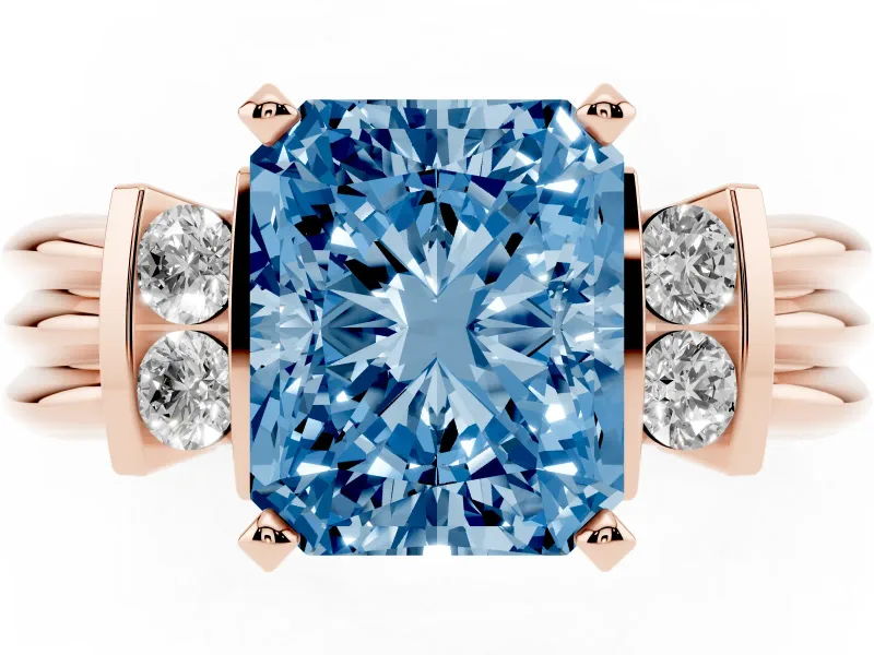 Fancy Blue Three-Stone Radiant Cut Diamond Channel Set Ring Set in Rose gold with Bar Prongs