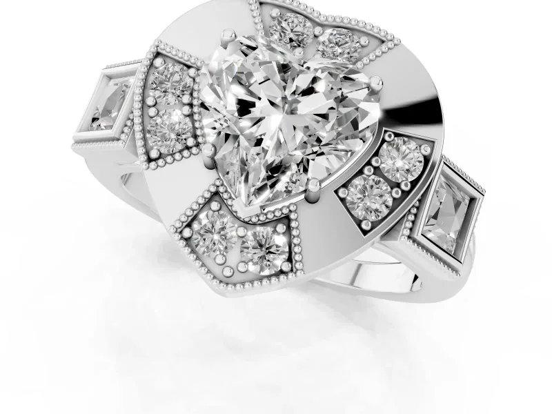 Heart Cut Diamond Milgrain Halo Ring Set in White gold with Split Shank