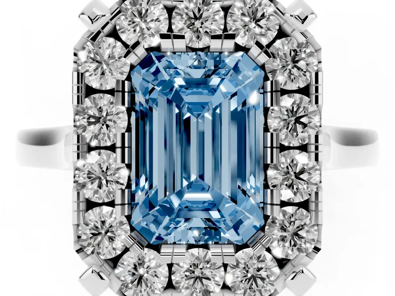 Emerald Cut Claw Corner Halo Engagement Ring Setting for a Fancy Blue Lab-Grown Diamond | Plain Band | Sterling Silver