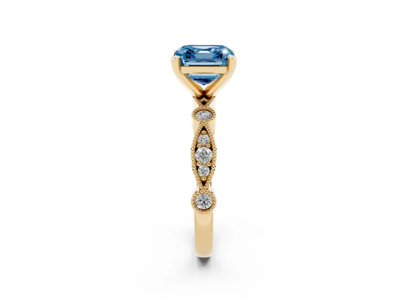 Fancy Blue Asscher Cut Diamond Solitaire Engagement Ring Set in Yellow gold with Milgrain Bezel Accent Band