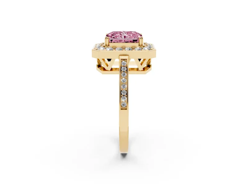 Radiant Cut Halo Engagement Ring Setting for a Fancy Pink Lab-Grown Diamond | Polished Halo Rim | Yellow Gold