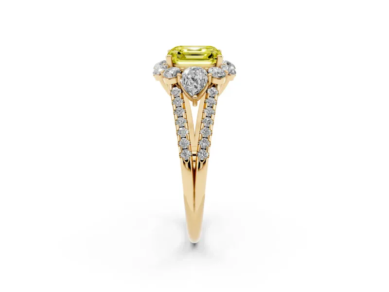 Fancy Yellow Asscher Cut Diamond Halo Split Shank Engagement Ring Set in Yellow gold with Prong-Held Center Stone