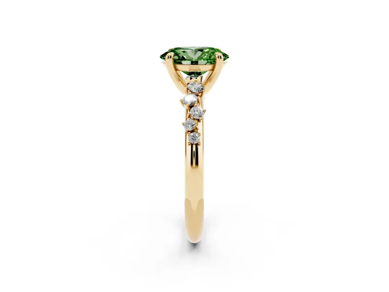 Fancy Green Oval Cut Diamond Solitaire Vine Band Ring Set in Yellow gold with Round Accents and Prong Setting