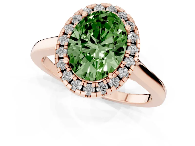 Fancy Green Oval Cut Halo Round Diamond Solitaire Ring Set in Rose gold with Pavé Band and Prong Setting