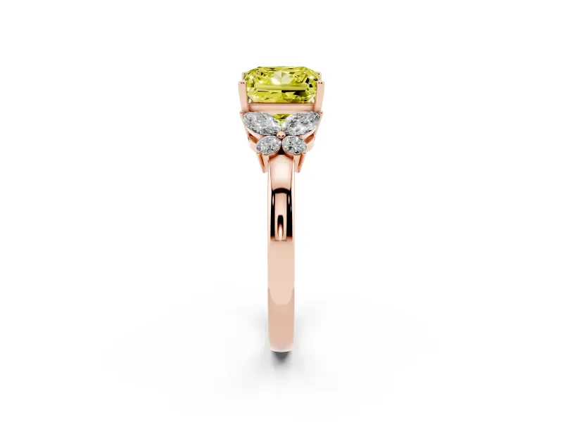 Fancy Yellow Princess Cut Diamond Solitaire Floral Ring Set in Rose gold with Marquise Petals and Prong Setting