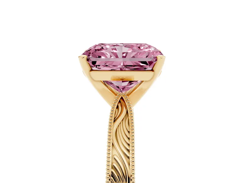 Fancy Pink Radiant Cut Diamond Solitaire Milgrain Engraved Band Set in Yellow gold with Prong Setting
