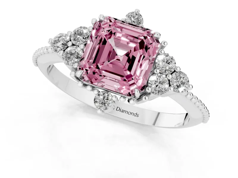 Fancy Pink Asscher Cut Diamond Cluster Ring Set in White gold with Beaded Band