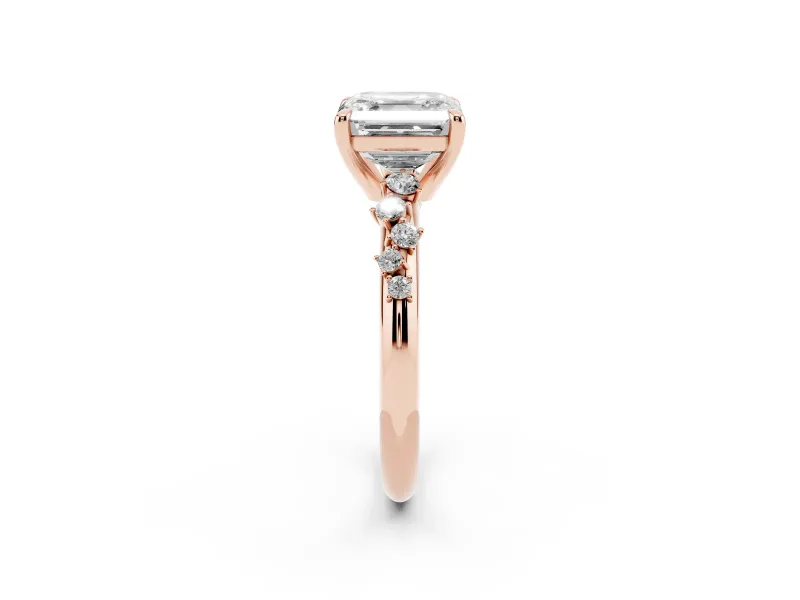 Asscher Cut Diamond Solitaire Vine Band Ring Set in Rose gold with Round Accents and Prong Setting