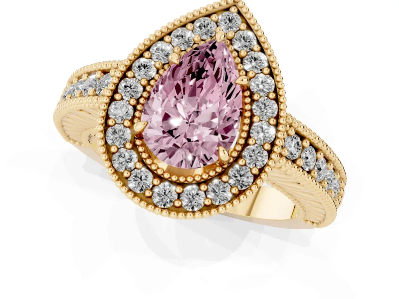 Pear-Shaped Milgrain Halo Engagement Ring Setting for a Fancy Pink Lab-Grown Diamond | Carved Leaf Detail | Yellow Gold