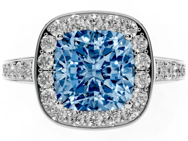 Fancy Blue Cushion Cut Diamond Halo Pavé Engagement Ring Set in Platinum with Bezel Setting