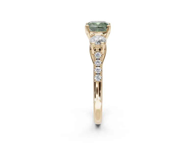 Cushion Cut Three-Stone Engagement Ring Setting for a Fancy Green Lab-Grown Diamond | Yellow Gold