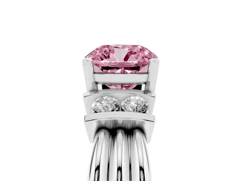 Fancy Pink Three-Stone Cushion Cut Diamond Channel Set Ring Set in Silver with Bar Prongs