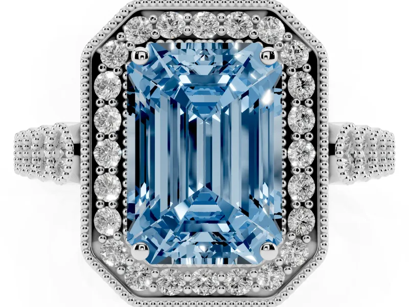 Emerald Cut Graduated Milgrain Halo Engagement Ring Setting for a Fancy Blue Lab-Grown Diamond | Sterling Silver