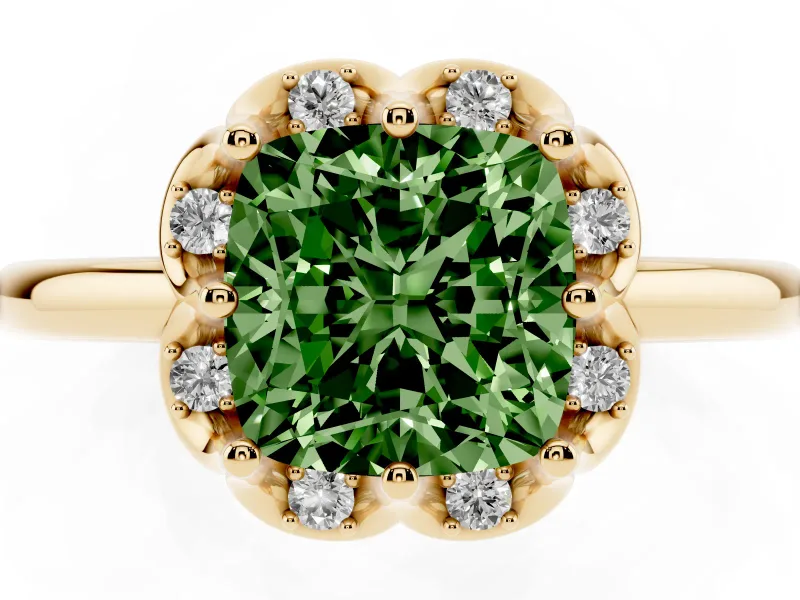 Cushion Cut Petal Halo Engagement Ring Setting for a Fancy Green Lab-Grown Diamond | Yellow Gold