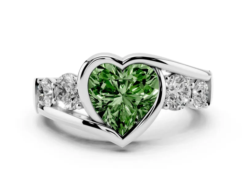 Fancy Green Heart Cut Diamond Bezel Bypass Ring Set in White gold with Round Accents