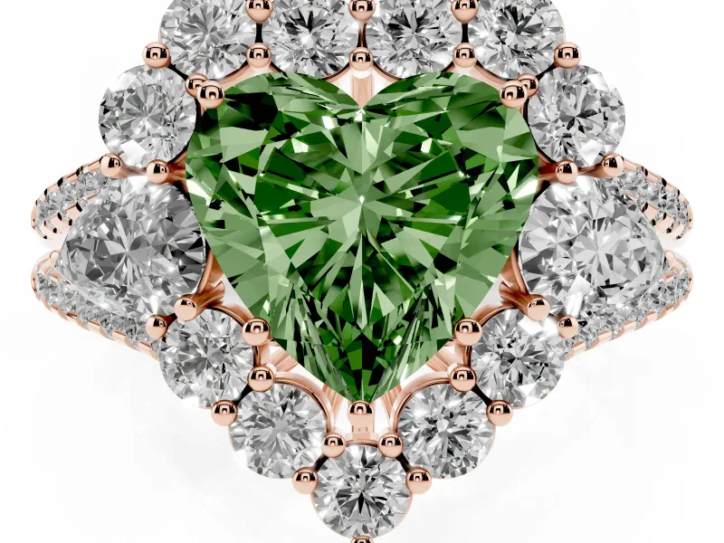 Fancy Green Heart Cut Diamond Halo Split Shank Engagement Ring Set in Rose gold with Prong-Held Center Stone