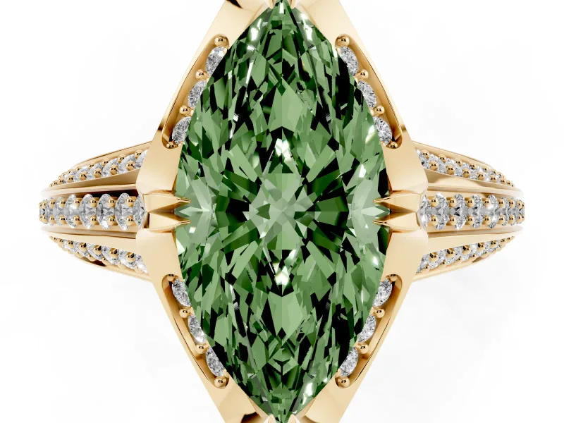 Fancy Green Marquise Cut Diamond Pavé Split Shank Solitaire Ring Set in Yellow gold with Prong Setting