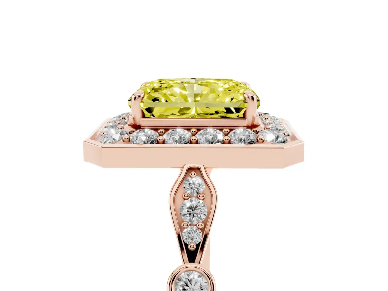 Radiant Cut Halo Engagement Ring Setting for a Fancy Yellow Lab-Grown Diamond | Bezel Station Shoulders | Rose Gold