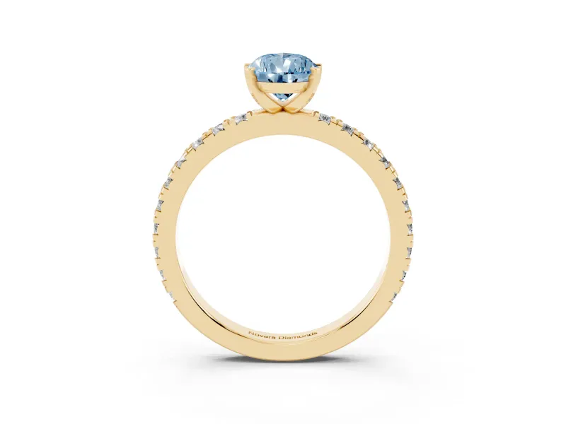 Fancy Blue Pear Cut Diamond Pavé Band Solitaire Set in Yellow gold with Prong Setting