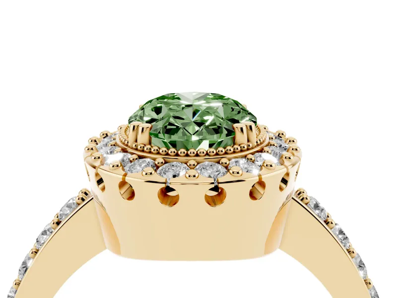 Fancy Green Oval Cut Diamond Halo Ring Set in Yellow gold with Pavé Shank and Prong Setting
