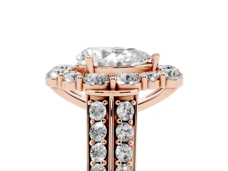 Pear Cut Diamond Halo Engagement Ring Set in Rose gold with Split Shank and Prong Setting