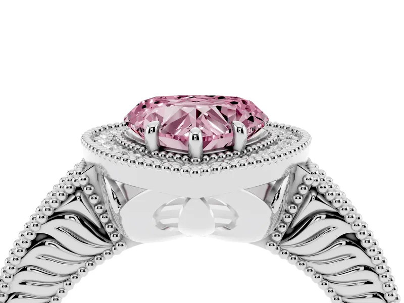 Fancy Pink Heart Cut Diamond Halo Ring Set in White gold with Round Accent Halo, Pavé Band and Prong Setting