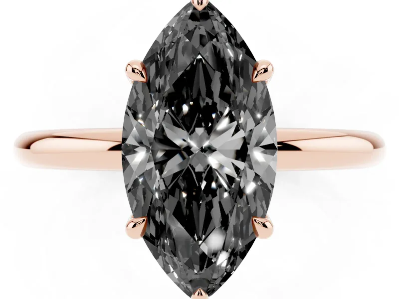 Fancy Black Marquise Cut Diamond Solitaire Ring Set in Rose gold with Thin Band and Prong Setting