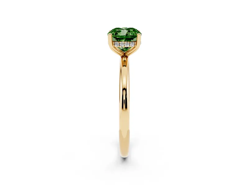 Fancy Green Cushion Cut Diamond Solitaire Engagement Ring Set in Yellow gold with Prong Setting and Polished Band