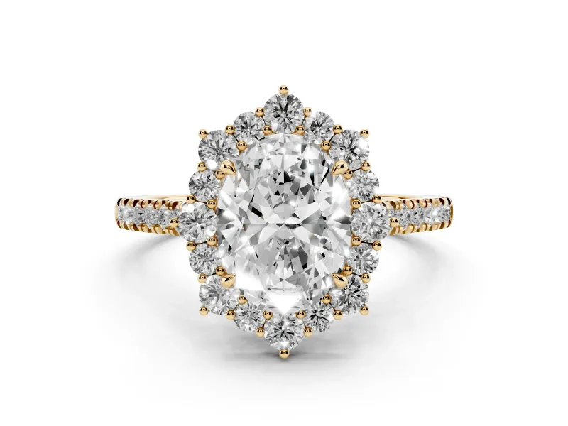 Oval Cut Diamond Halo Ring Set in Yellow gold with Pavé Band and Prong Setting