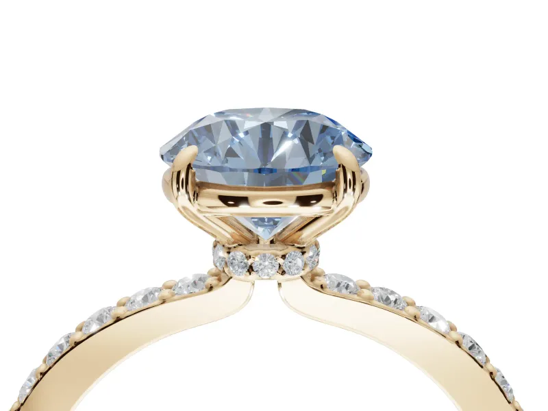 Round Hidden Halo Engagement Ring Setting for a Fancy Blue Lab-Grown Diamond | Pavé Band | Yellow Gold