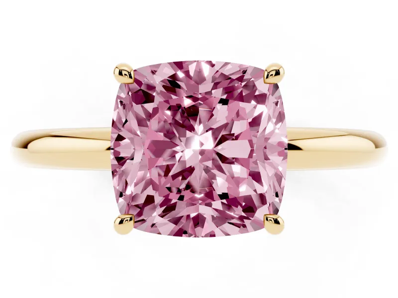 Fancy Pink Cushion Cut Diamond Solitaire Ring Set in Yellow gold with Thin Band and Prong Setting