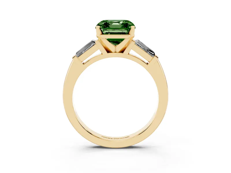 Fancy Green Asscher Cut Diamond Solitaire Ring Set in Yellow gold with Tapered Baguette Side Stones and Prong Setting