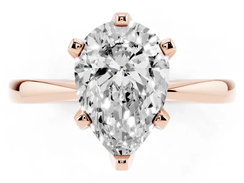 Pear Cut Diamond Solitaire Engagement Ring Set in Rose gold with Slim Tapered Solitaire Band